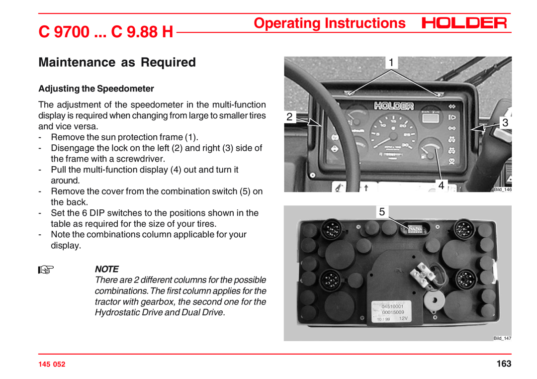 Holder A4 VG 40 EP, C 9.72 Maintenance as Required, Adjusting the Speedometer, C 9700 ... C 9.88 H, Operating Instructions 