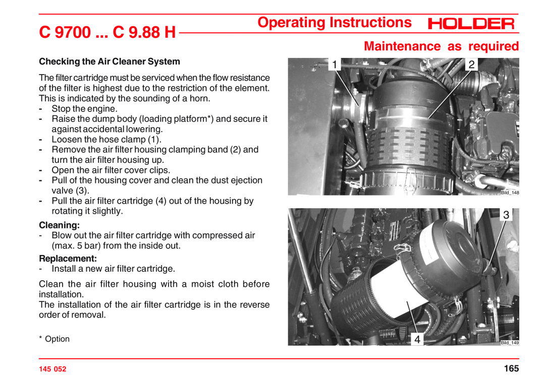 Holder VG 50 EP Checking the Air Cleaner System, Cleaning, Replacement, C 9700 ... C 9.88 H, Operating Instructions 