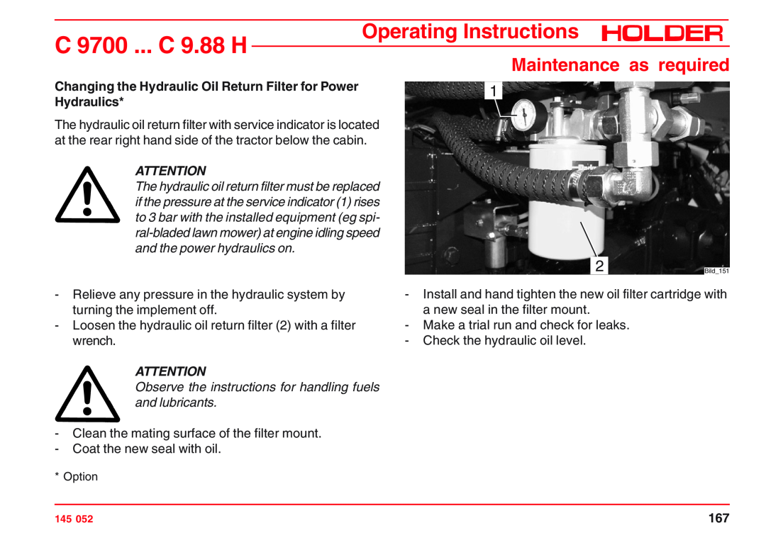 Holder C 9.83 H Changing the Hydraulic Oil Return Filter for Power Hydraulics, C 9700 ... C 9.88 H, Operating Instructions 