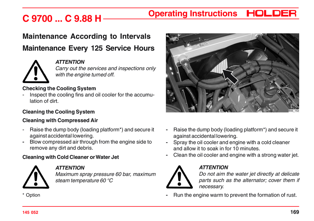 Holder C 9.78 H Maintenance According to Intervals, Maintenance Every 125 Service Hours, Checking the Cooling System 