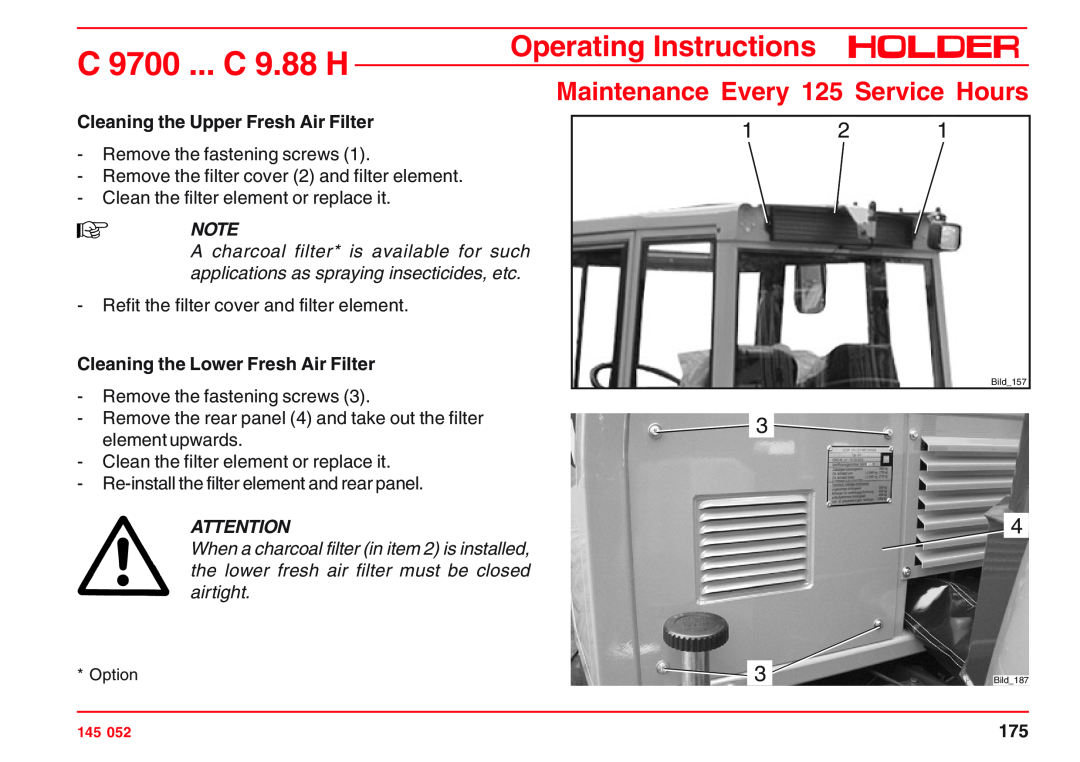 Holder VG 50 EP, C 9.72 H Cleaning the Upper Fresh Air Filter, Cleaning the Lower Fresh Air Filter, C 9700 ... C 9.88 H 