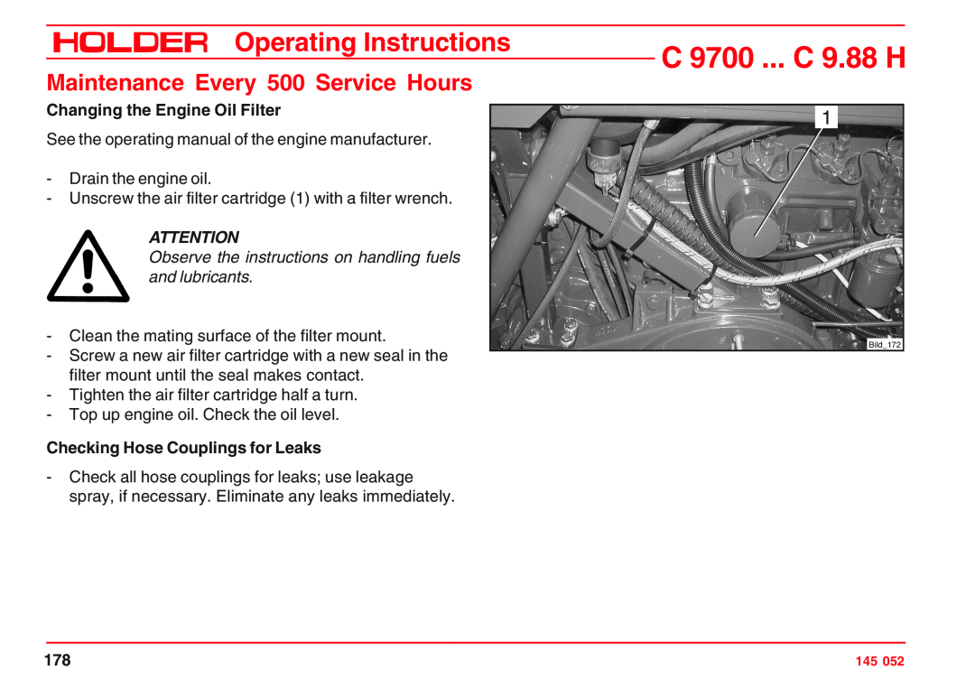 Holder C 9.83 H Maintenance Every 500 Service Hours, Changing the Engine Oil Filter, Checking Hose Couplings for Leaks 