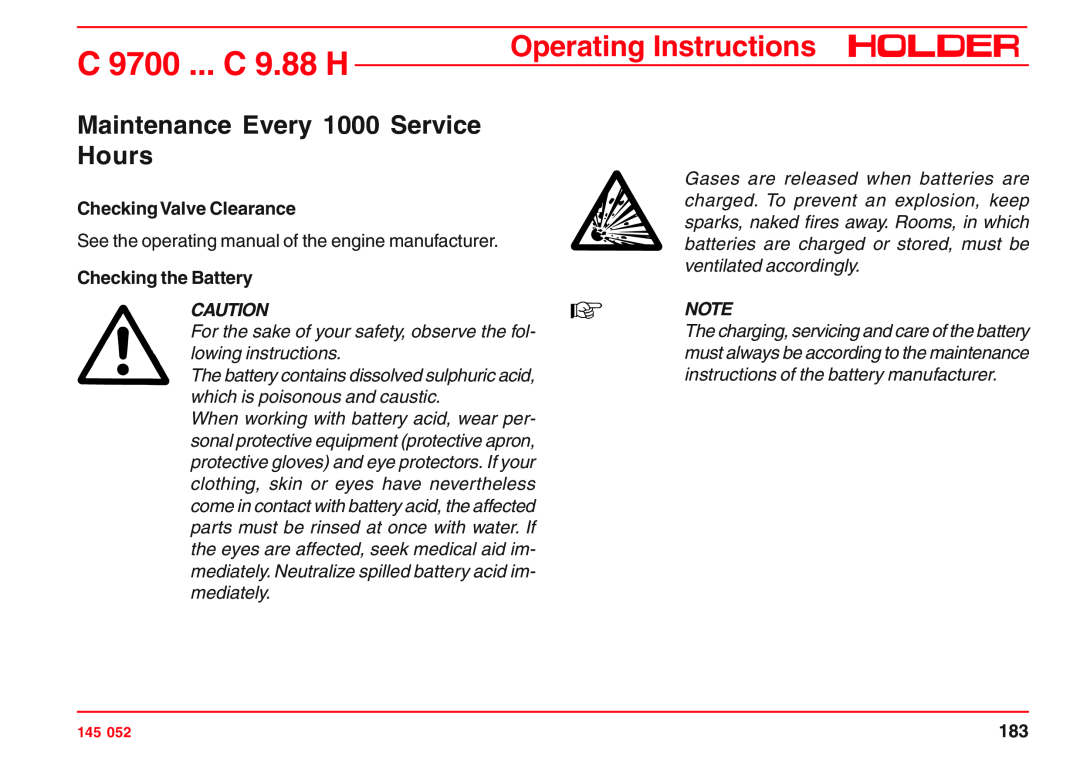 Holder Maintenance Every 1000 Service Hours, Checking Valve Clearance, Checking the Battery, C 9700 ... C 9.88 H 