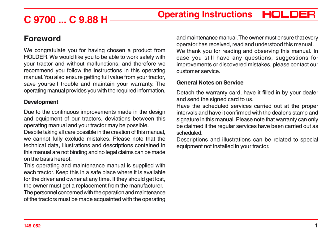 Holder C 9.72 H, VG 50 EP C 9700 ... C 9.88 H, Operating Instructions, Foreword, Development, General Notes on Service 