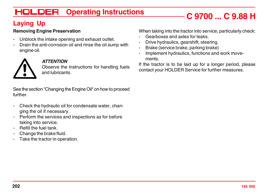 Holder C 9.78 H, VG 50 EP, C 9.72 H Removing Engine Preservation, C 9700 ... C 9.88 H, Operating Instructions, Laying Up 