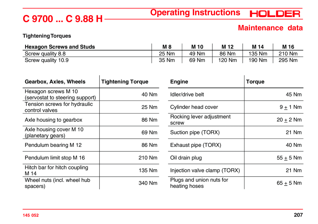 Holder A4 VG 40 EP, VG 50 EP Maintenance data, TighteningTorques, Hexagon Screws and Studs, Gearbox, Axles, Wheels, Engine 