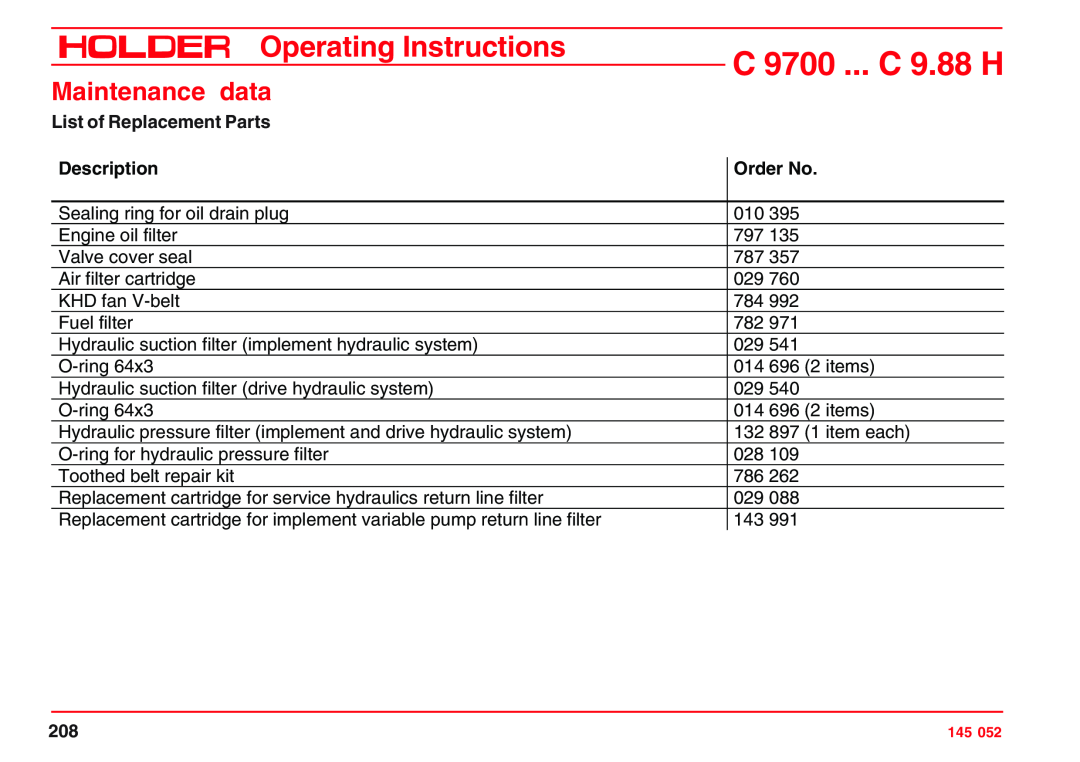 Holder VG 50 EP, C 9.72 List of Replacement Parts, Order No, C 9700 ... C 9.88 H, Operating Instructions, Maintenance data 