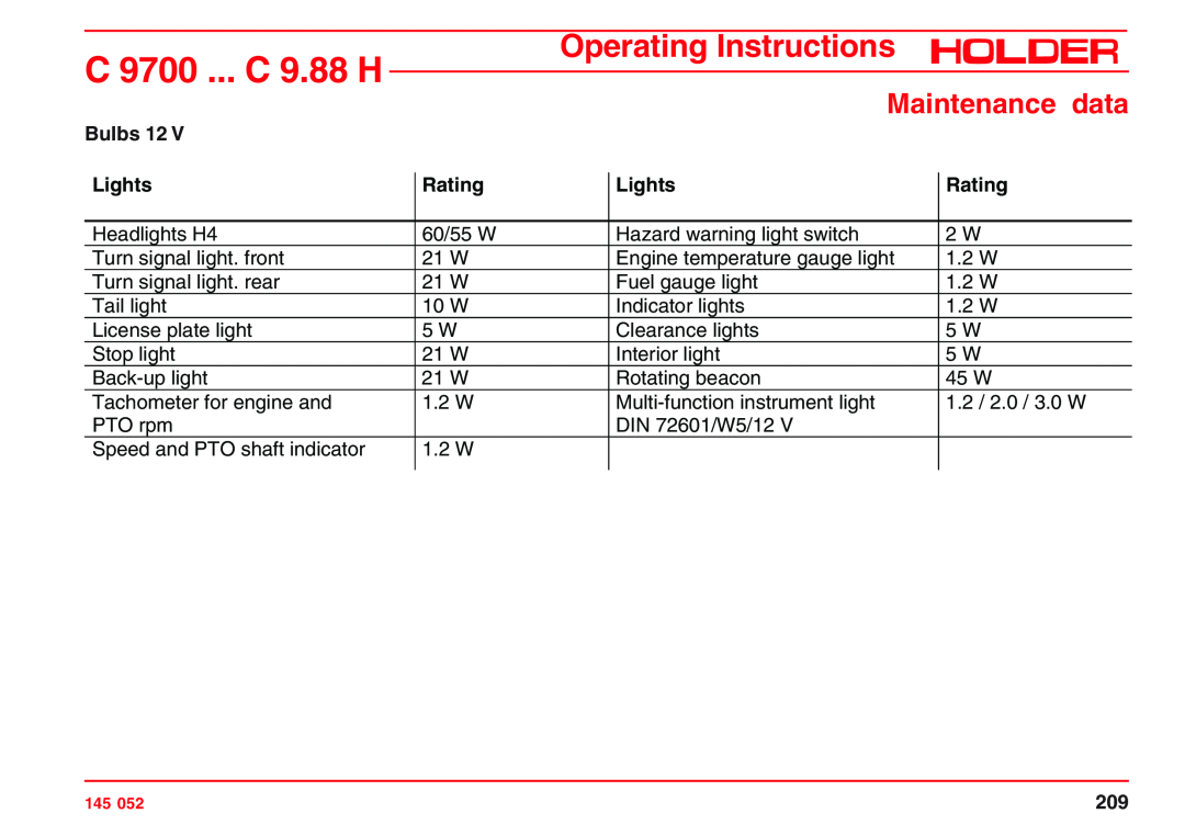Holder VG 50 EP, C 9.72 H Bulbs 12, Lights, Rating, C 9700 ... C 9.88 H, Operating Instructions, Maintenance data 