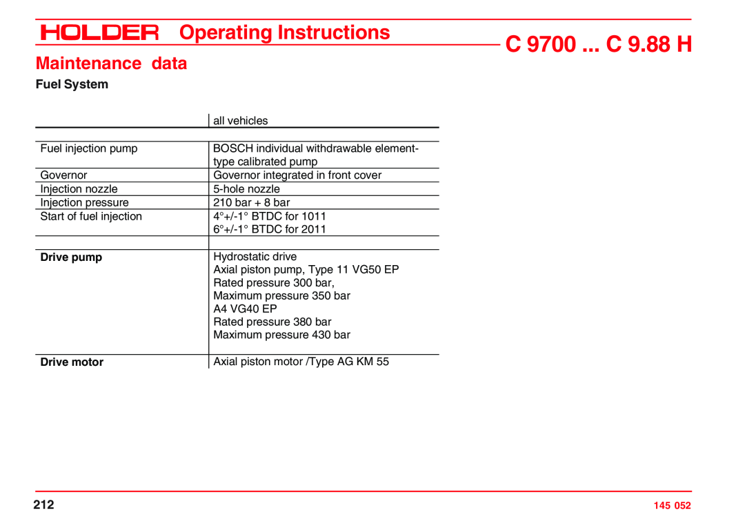 Holder C 9800 H Fuel System, C 9700 ... C 9.88 H, Operating Instructions, Maintenance data, Drive pump, Drive motor 