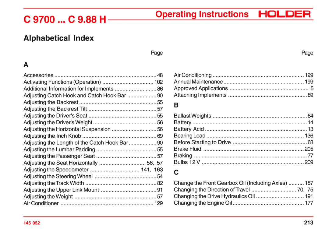 Holder C 9.78 H, VG 50 EP, C 9.72 H, C 9.83 H, C 9800 H Alphabetical Index, C 9700 ... C 9.88 H, Operating Instructions 