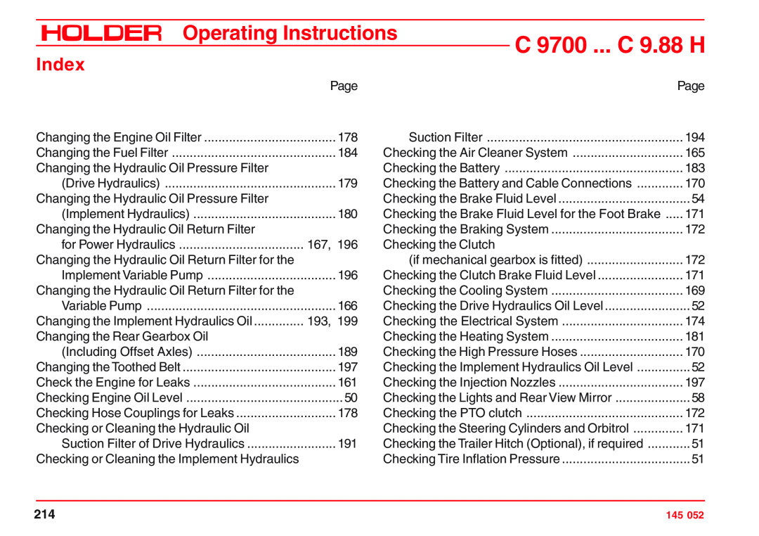 Holder VG 50 EP, C 9.72 H, C 9.83 H, C 9800 H, C 9.78 H, C 9700 H Index, C 9700 ... C 9.88 H, Operating Instructions 