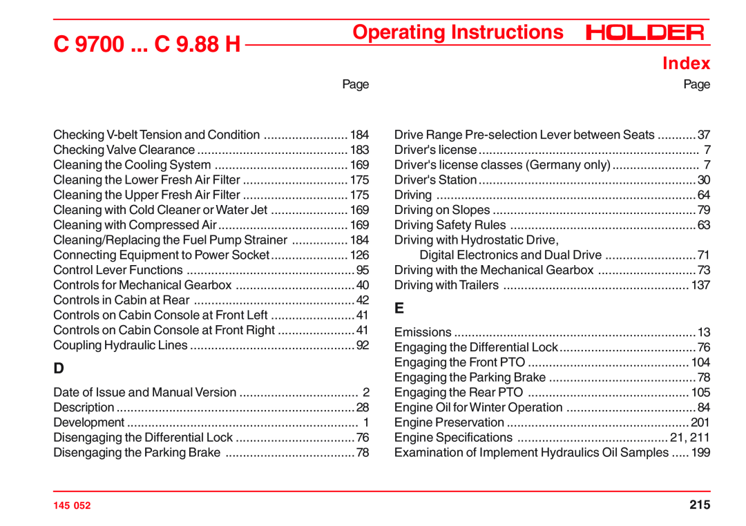 Holder C 9700 H, C 9.72 C 9700 ... C 9.88 H, Operating Instructions, Index, Drive Range Pre-selection Lever between Seats 