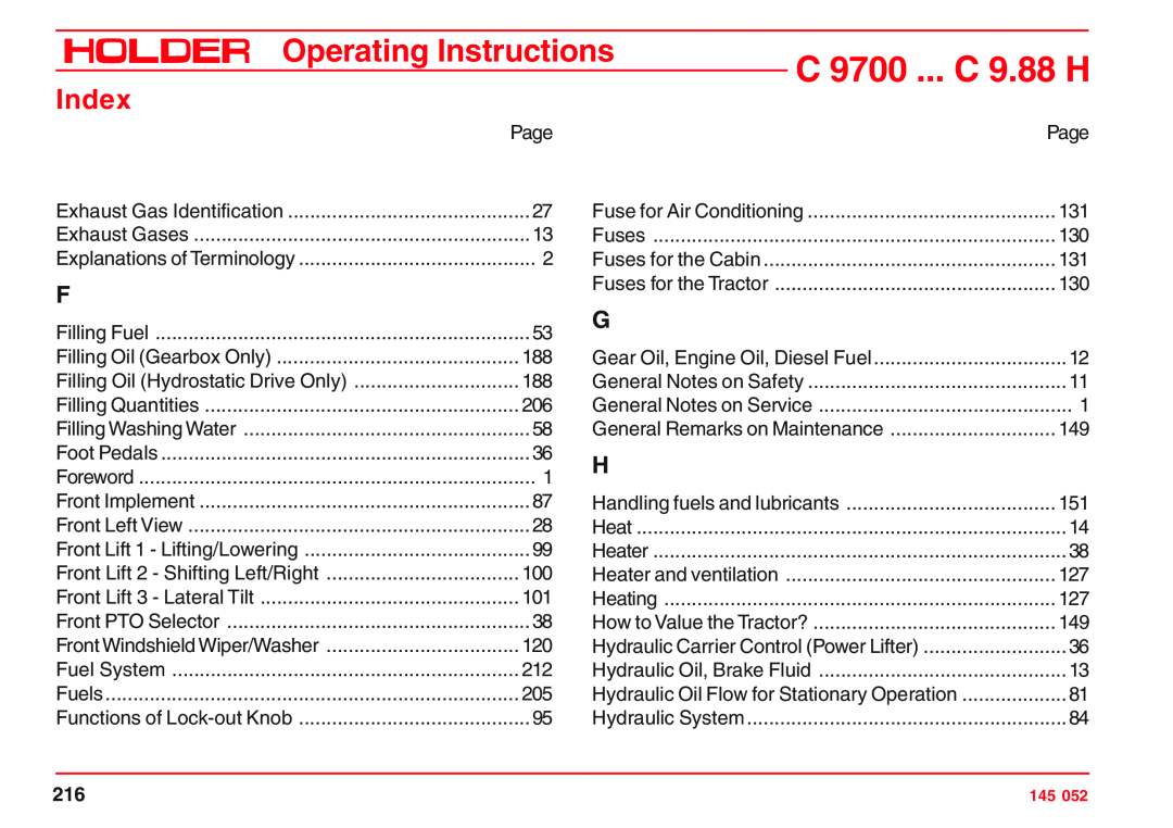 Holder VG 50 EP, C 9.72 H, C 9.83 H, C 9800 H, C 9.78 H, C 9700 H C 9700 ... C 9.88 H, Operating Instructions, Index 