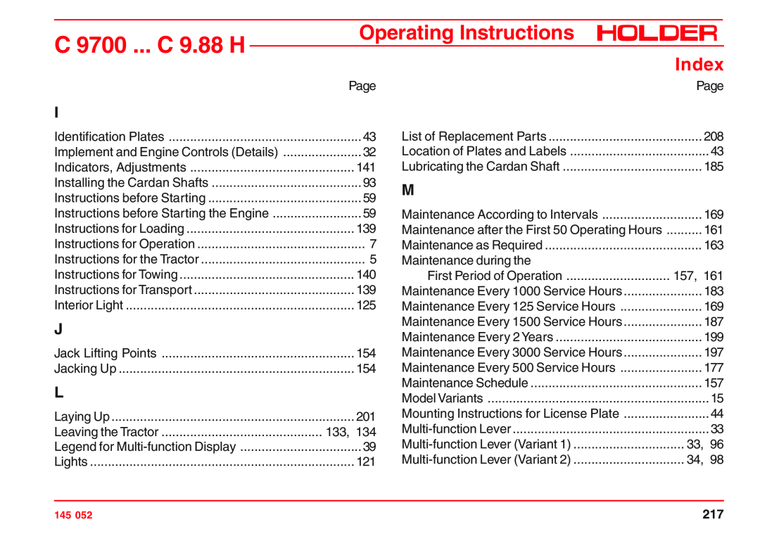 Holder A6 VM 55 EP, VG 50 EP C 9700 ... C 9.88 H, Operating Instructions, Index, Implement and Engine Controls Details 