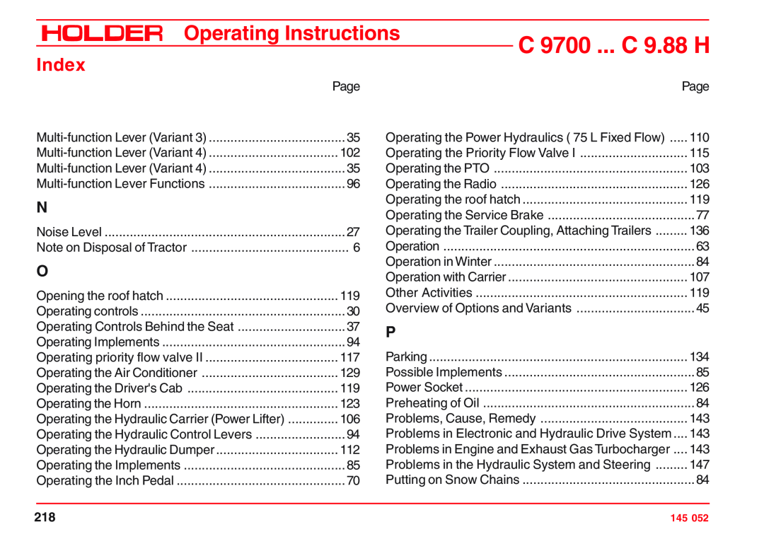 Holder A4 VG 40 EP, VG 50 EP, C 9.72 H, C 9.83 H, C 9800 H, C 9.78 H C 9700 ... C 9.88 H, Operating Instructions, Index 