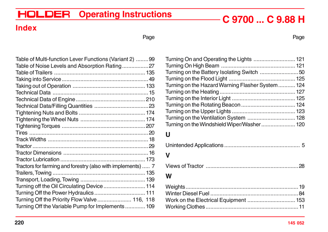 Holder C 9700 ... C 9.88 H, Operating Instructions, Index, Tractors for farming and forestry also with implements 