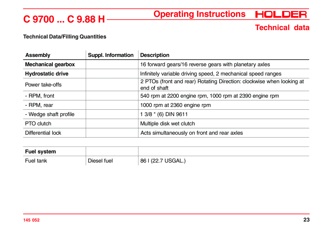 Holder C 9.72 H, VG 50 EP Technical Data/Filling Quantities, Assembly, Suppl. Information, Description, Mechanical gearbox 