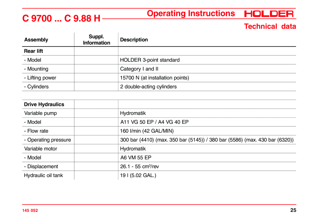 Holder C 9800 H, C 9.72 Rear lift, Drive Hydraulics, C 9700 ... C 9.88 H, Operating Instructions, Technical data, Assembly 