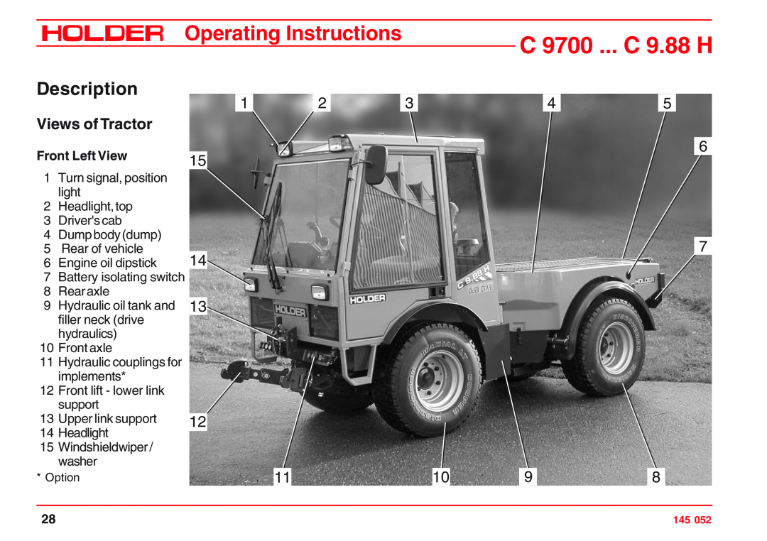 Holder C 9700 H, VG 50 EP Description, Views of Tractor, Front Left View, C 9700 ... C 9.88 H, Operating Instructions 