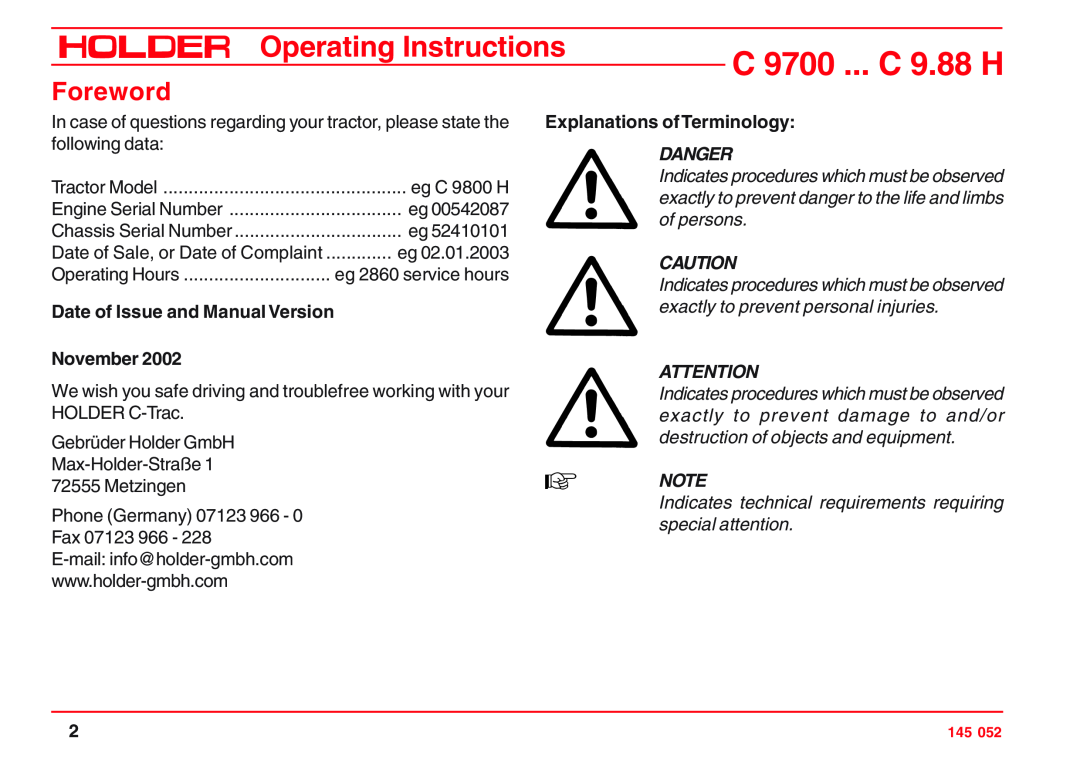 Holder C 9.83 H, VG 50 EP, C 9.72 Foreword, Date of Issue and Manual Version November, Explanations of Terminology, Danger 