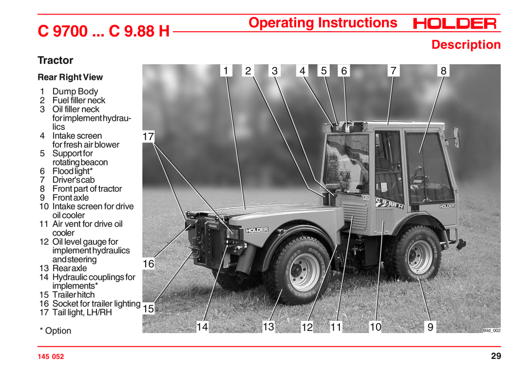 Holder VG 50 EP, C 9.72 H, C 9.83 H Description, Tractor, Rear Right View, C 9700 ... C 9.88 H, Operating Instructions 