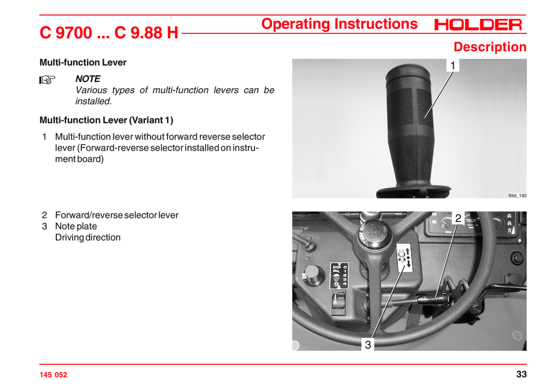 Holder C 9.88 H Description, Multi-function Lever, Various types of multi-function levers can be installed, Bild193 