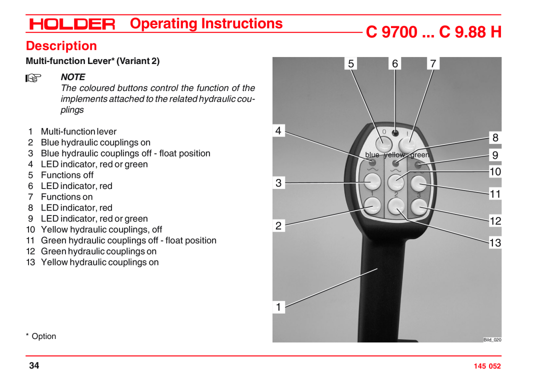 Holder C 9.72 H, VG 50 EP, C 9.83 H Multi-function Lever* Variant, C 9700 ... C 9.88 H, Operating Instructions, Description 