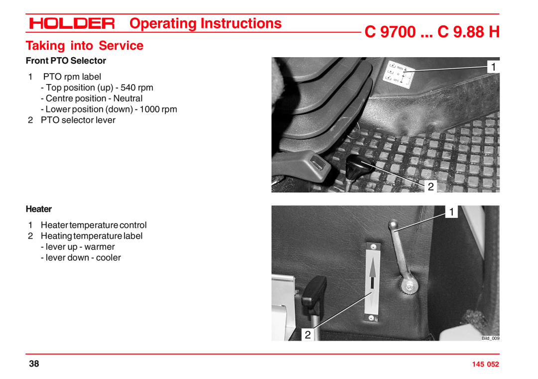 Holder C 9.72 Taking into Service, Front PTO Selector, Heater, C 9700 ... C 9.88 H, Operating Instructions, Bild009 