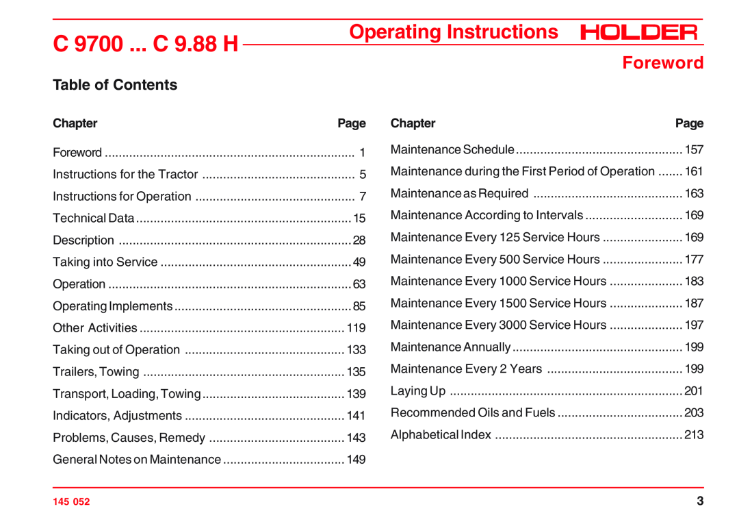 Holder C 9800 H, VG 50 EP, C 9.72 H Table of Contents, Chapter, C 9700 ... C 9.88 H, Operating Instructions, Foreword 