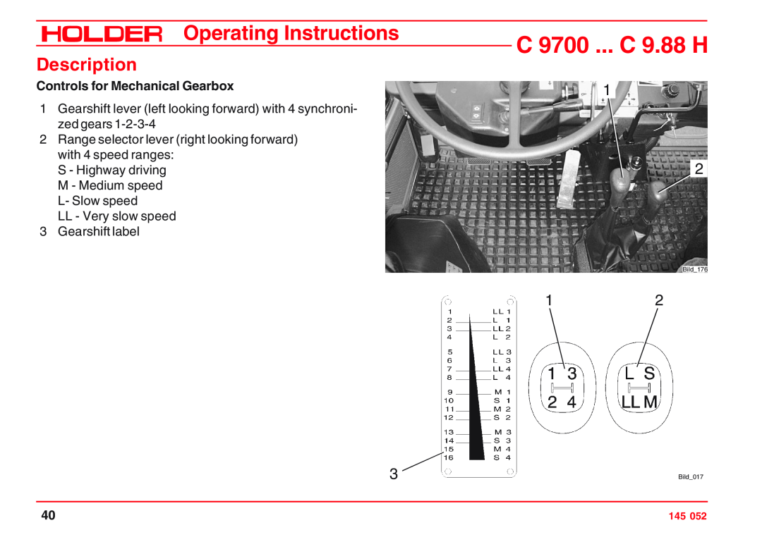 Holder Controls for Mechanical Gearbox, C 9700 ... C 9.88 H, Operating Instructions, Description, Bild176, Bild017 