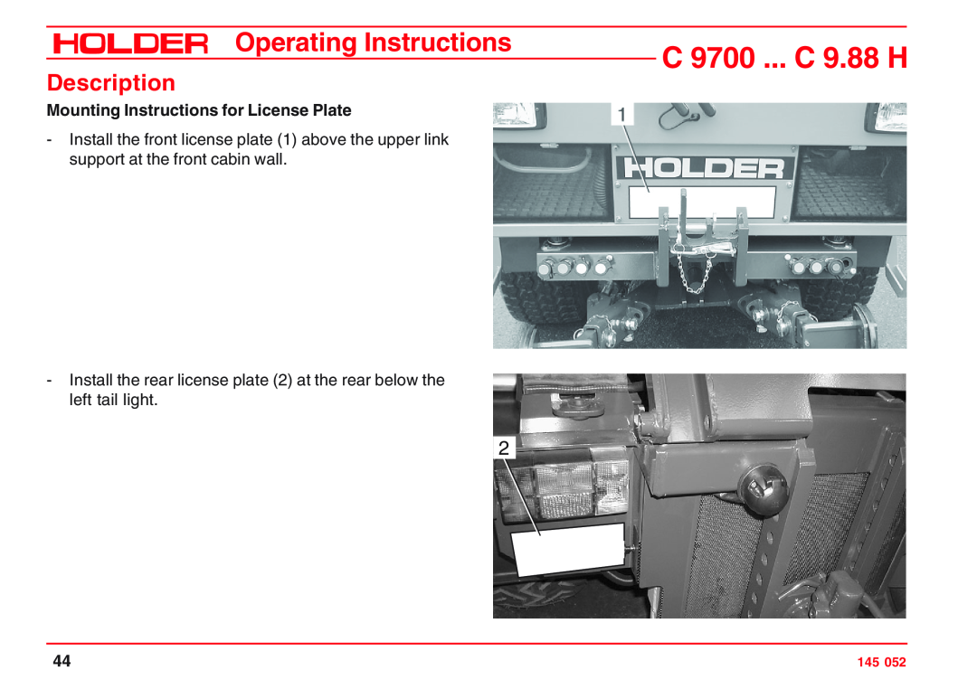 Holder VG 50 EP Mounting Instructions for License Plate, C 9700 ... C 9.88 H, Operating Instructions, Description 