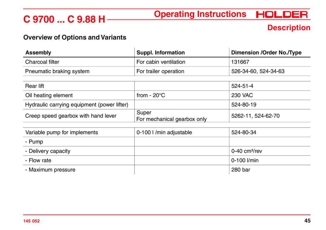Holder C 9.72 H Overview of Options and Variants, Dimension /Order No./Type, C 9700 ... C 9.88 H, Operating Instructions 