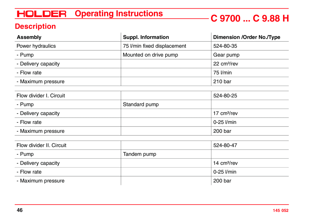 Holder C 9.83 H, VG 50 EP, C 9.72 H C 9700 ... C 9.88 H, Operating Instructions, Description, Assembly, Suppl. Information 