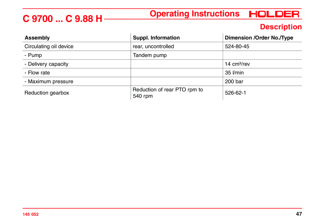 Holder C 9800 H, VG 50 EP, C 9.72 H C 9700 ... C 9.88 H, Operating Instructions, Description, Assembly, Suppl. Information 
