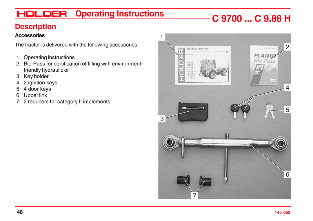 Holder C 9.78 H, VG 50 EP, C 9.72 H, C 9.83 H, C 9800 H Accessories, C 9700 ... C 9.88 H, Operating Instructions, Description 