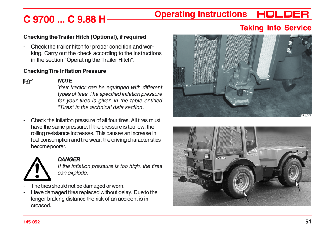Holder Checking the Trailer Hitch Optional, if required, Checking Tire Inflation Pressure, C 9700 ... C 9.88 H, Danger 