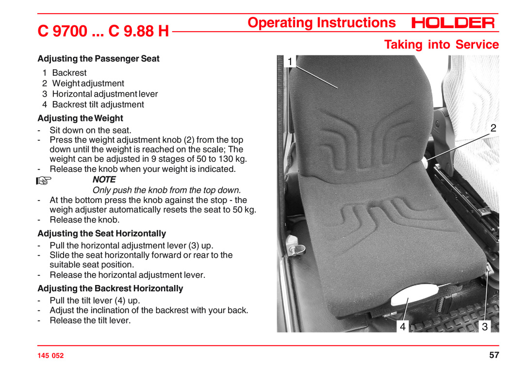 Holder C 9.83 H, VG 50 EP Taking into Service, Adjusting the Passenger Seat, Adjusting the Weight, Sit down on the seat 