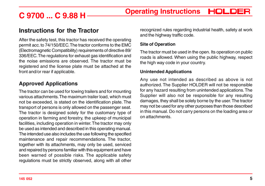Holder C 9.72, VG 50 EP Instructions for the Tractor, Approved Applications, Site of Operation, Unintended Applications 