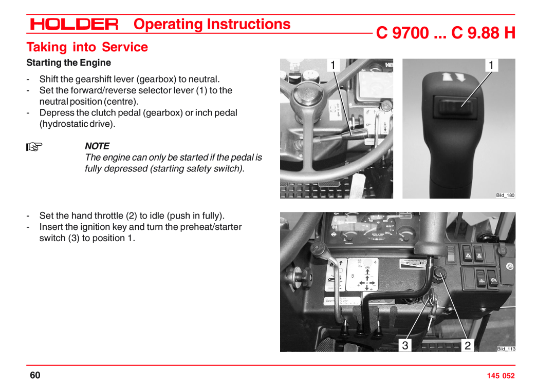 Holder VG 50 EP, C 9.72 H Starting the Engine, C 9700 ... C 9.88 H, Operating Instructions, Taking into Service 
