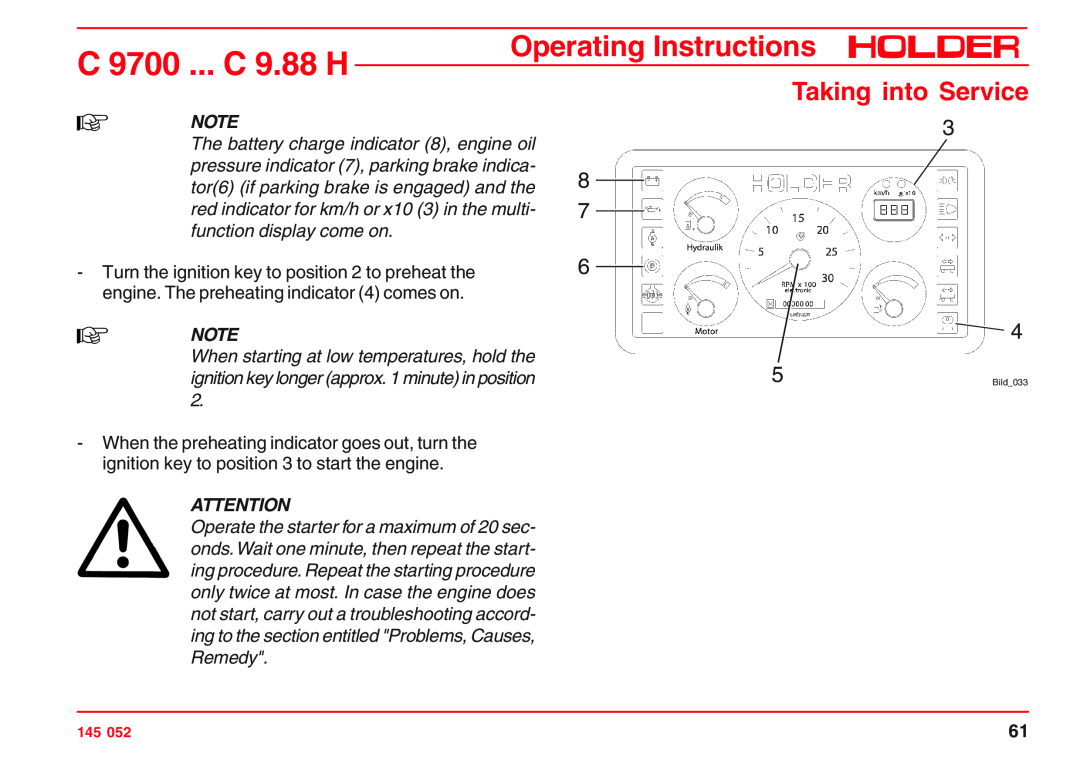 Holder C 9700 H, VG 50 EP, C 9.72 H, C 9.83 H C 9700 ... C 9.88 H, Operating Instructions, Taking into Service, Bild033 