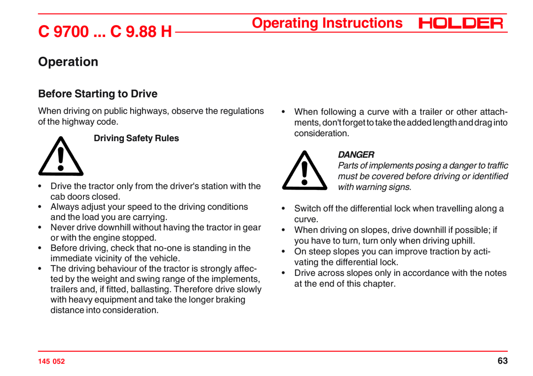 Holder A6 VM 55 EP Operation, Before Starting to Drive, Driving Safety Rules, C 9700 ... C 9.88 H, Operating Instructions 