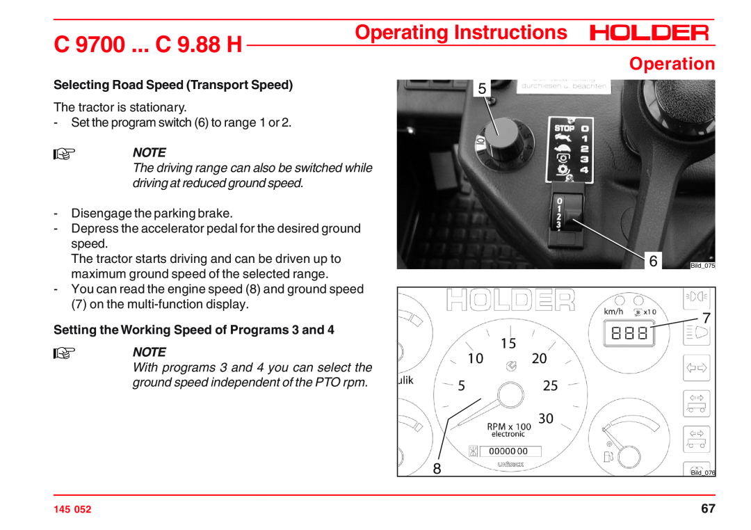 Holder C 9.72 H Selecting Road Speed Transport Speed, Setting the Working Speed of Programs 3 and, C 9700 ... C 9.88 H 