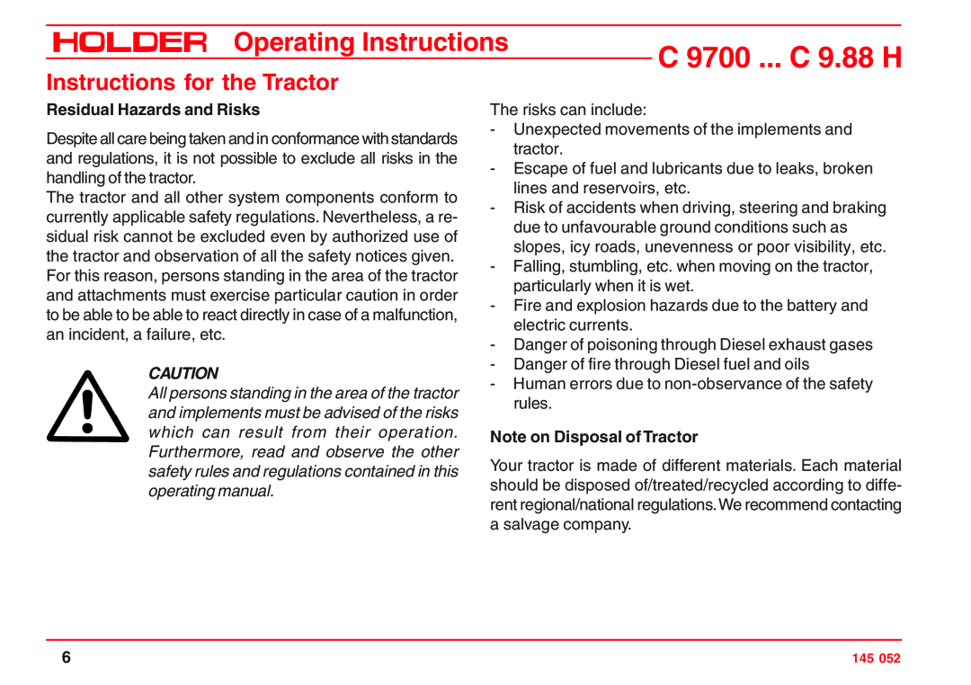 Holder C 9700 H Instructions for the Tractor, Residual Hazards and Risks, Note on Disposal of Tractor, C 9700 ... C 9.88 H 