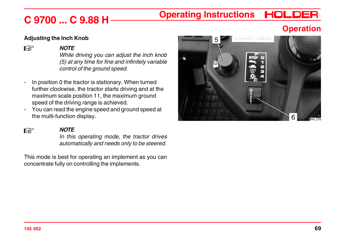 Holder C 9800 H Adjusting the Inch Knob, While driving you can adjust the inch knob, C 9700 ... C 9.88 H, Operation 
