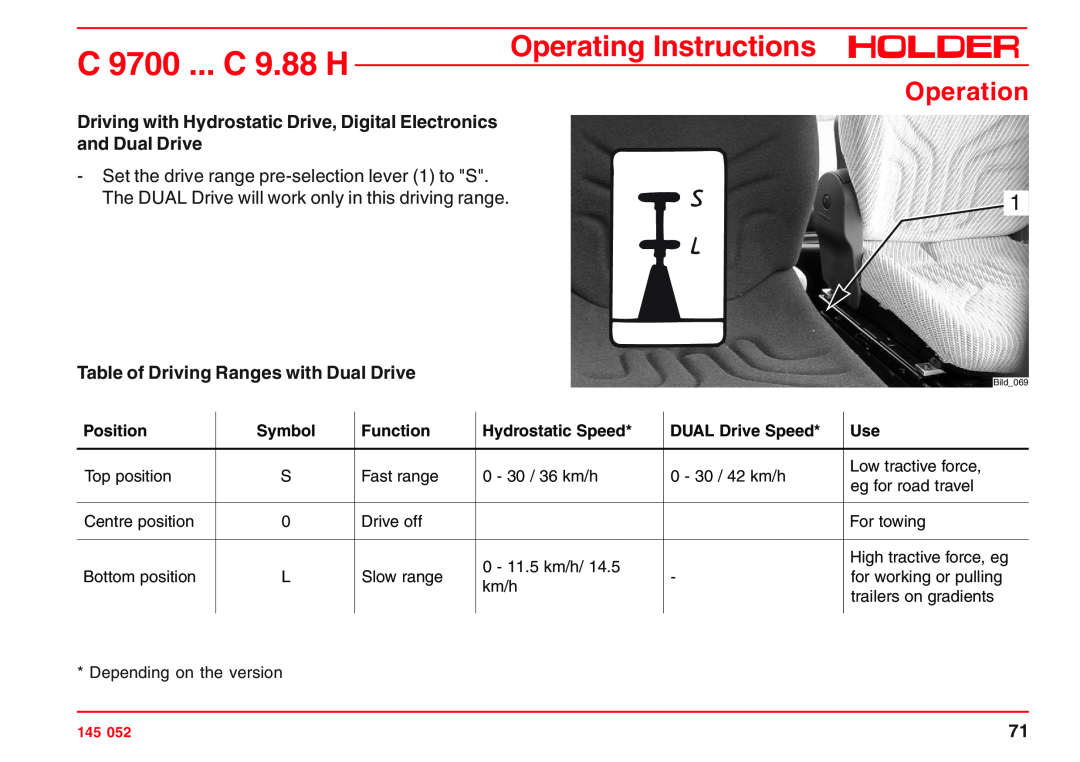 Holder C 9.72 Driving with Hydrostatic Drive, Digital Electronics and Dual Drive, Table of Driving Ranges with Dual Drive 