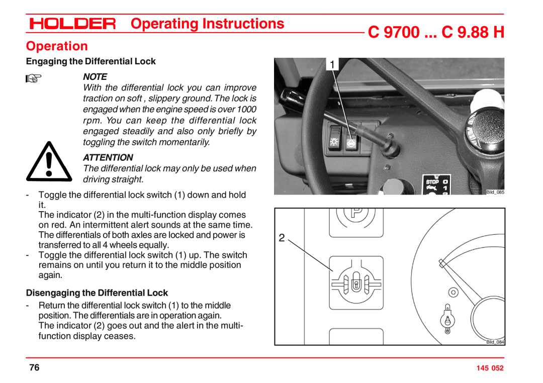 Holder VG 50 EP Engaging the Differential Lock, The differential lock may only be used when driving straight, Operation 