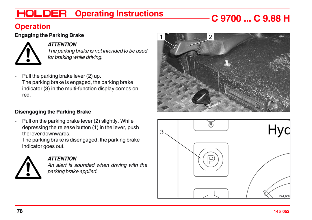 Holder C 9.72 H Engaging the Parking Brake, Disengaging the Parking Brake, C 9700 ... C 9.88 H, Operating Instructions 