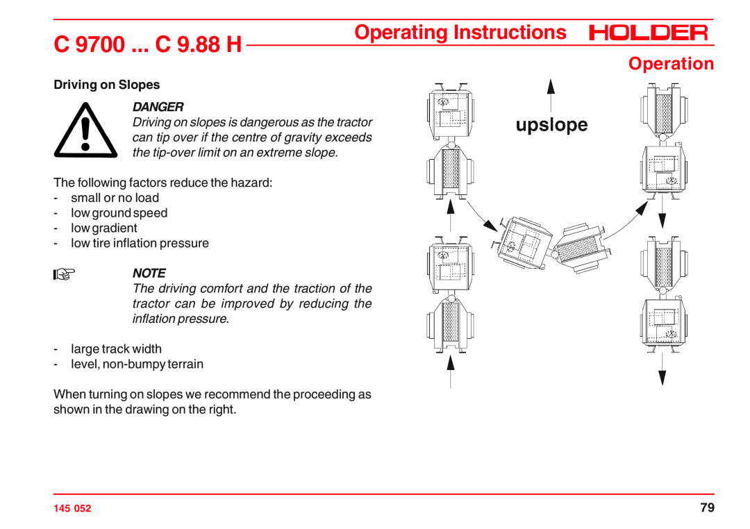 Holder C 9.83 H, VG 50 EP, C 9.72 H Driving on Slopes, C 9700 ... C 9.88 H, Operating Instructions, Operation, Danger 