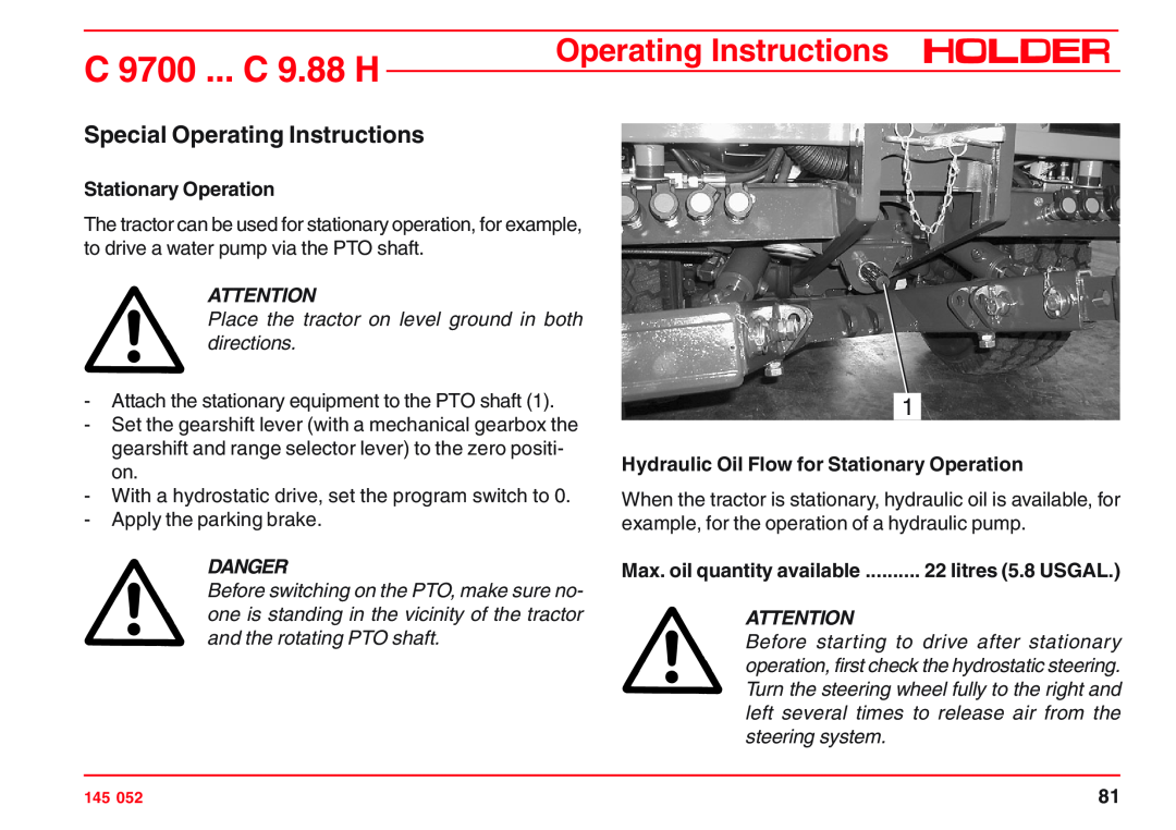 Holder C 9.78 H Special Operating Instructions, Stationary Operation, Place the tractor on level ground in both directions 