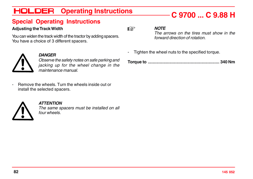 Holder C 9.72, VG 50 EP Special Operating Instructions, Adjusting the Track Width, 340 Nm, C 9700 ... C 9.88 H, Danger 